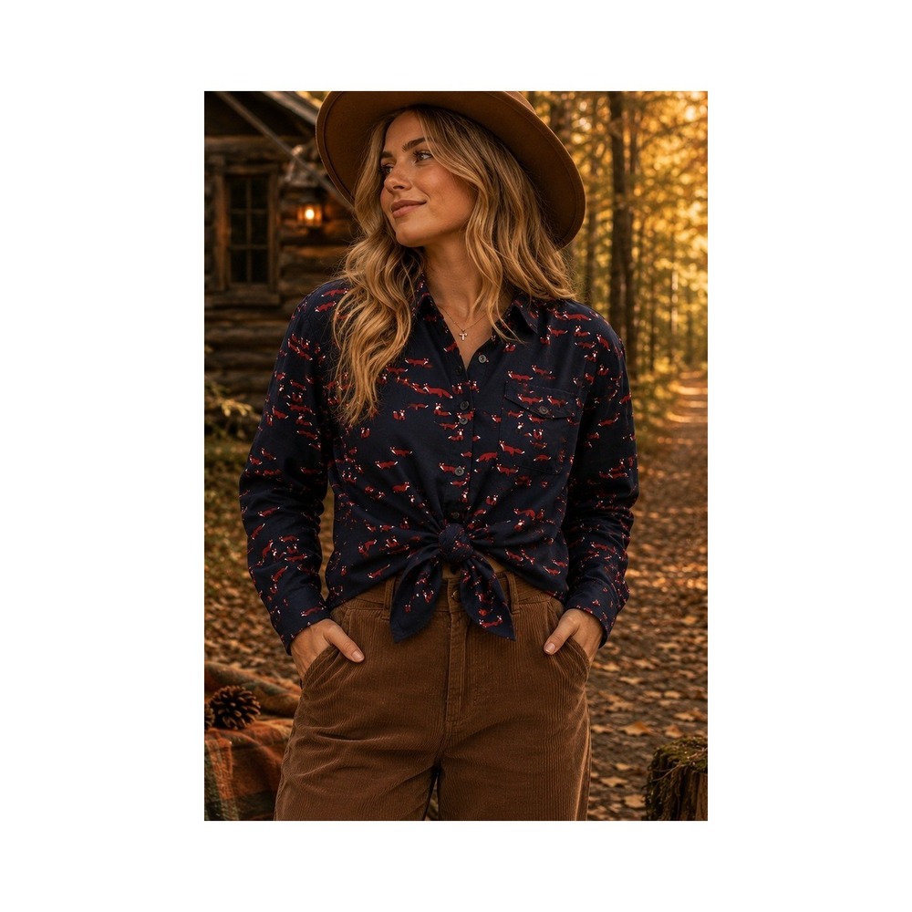 Red Fox Print Button Up Shirt Roll Sleeve Woodland Forest Animals Fall Women's M
